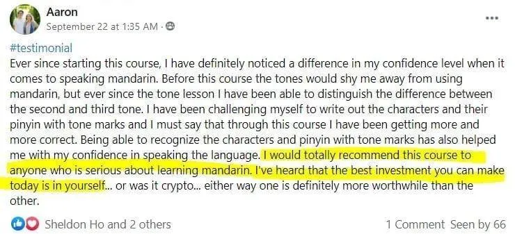 Aaron testimonial screenshot